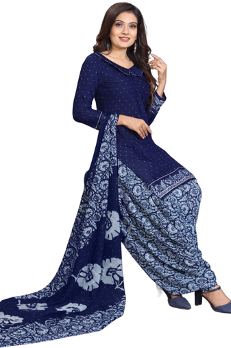 Unstitched printed crepe kurta & patiyala dress material with top, bottom & dupatta
