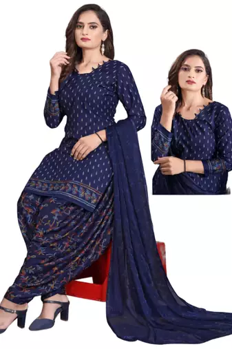 Unstitched printed crepe kurta & patiyala dress material with top, bottom & dupatta