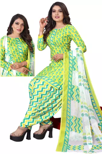 Unstitched printed crepe kurta & patiyala dress material with top, bottom & dupatta