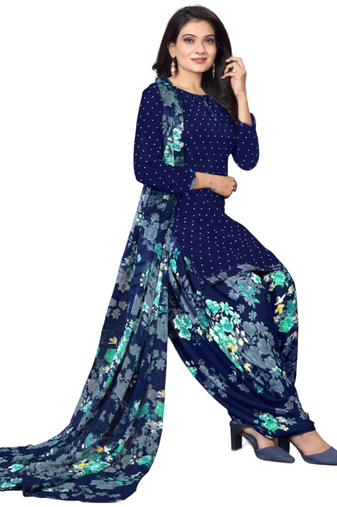 Unstitched printed crepe kurta & patiyala dress material with top, bottom & dupatta