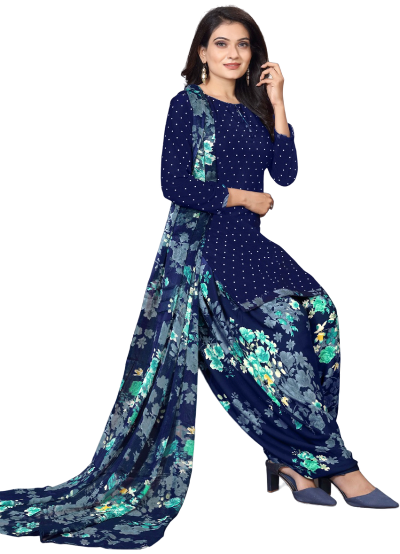 Unstitched printed crepe kurta & patiyala dress material with top, bottom & dupatta
