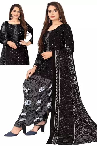 Unstitched printed crepe kurta & patiyala dress material with top, bottom & dupatta