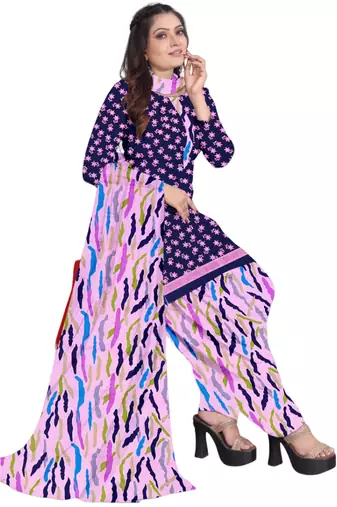 Unstitched printed crepe kurta & patiyala dress material with top, bottom & dupatta