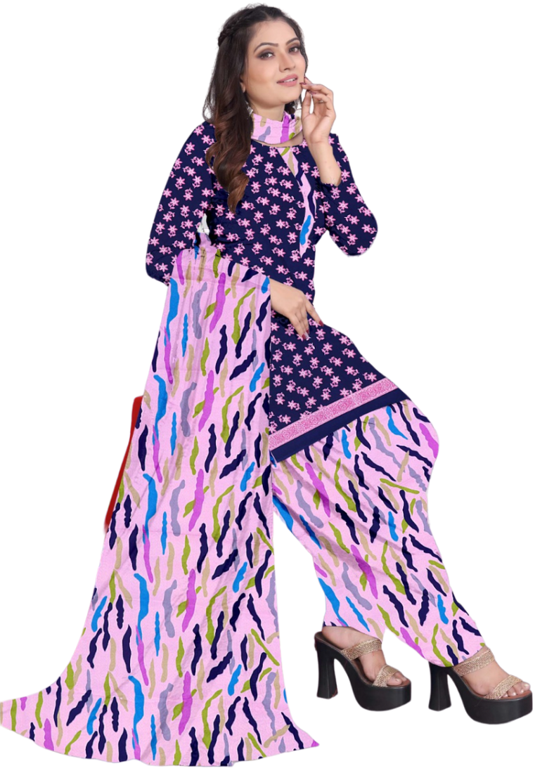 Unstitched printed crepe kurta & patiyala dress material with top, bottom & dupatta