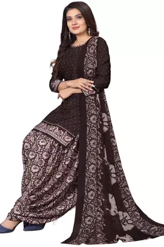 Unstitched printed crepe kurta & patiyala dress material with top, bottom & dupatta