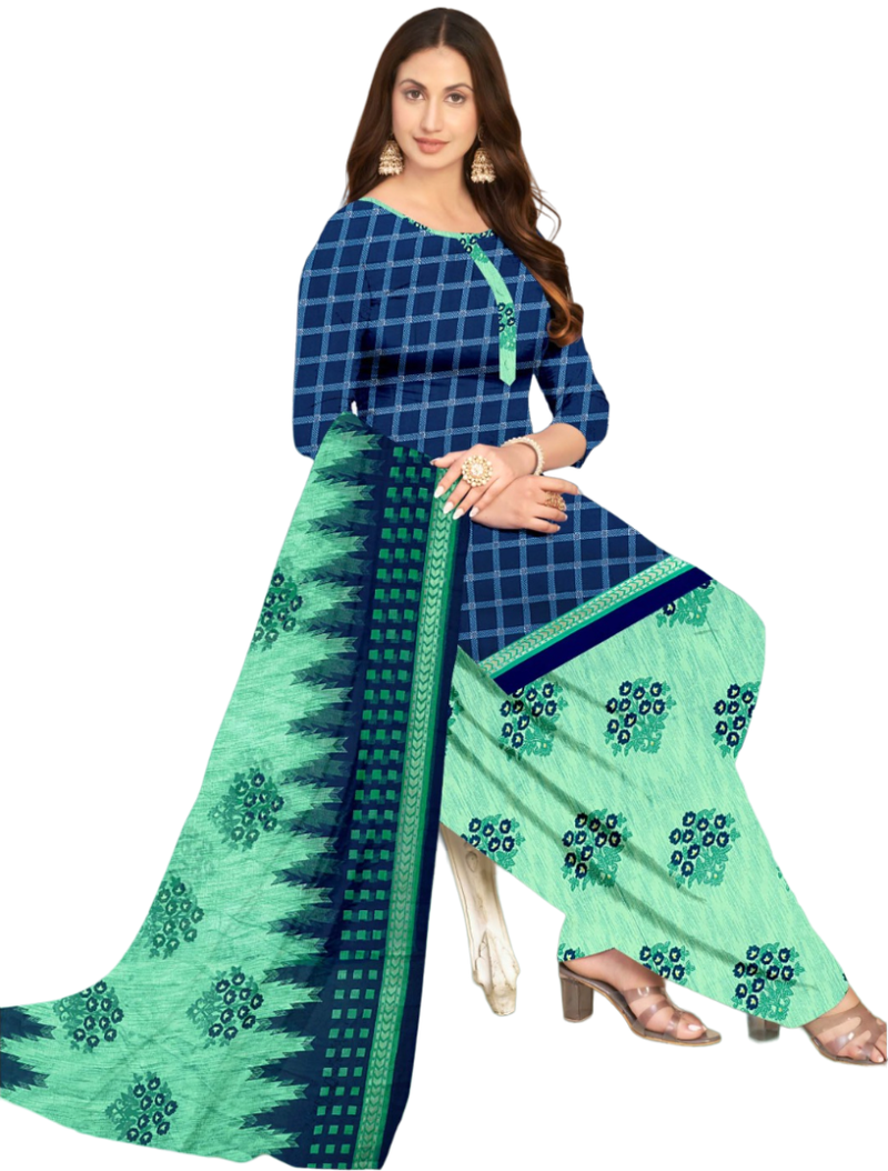 Unstitched printed crepe kurta & patiyala dress material with top, bottom & dupatta