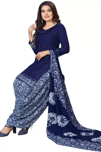 Unstitched printed crepe kurta & patiyala dress material with top, bottom & dupatta