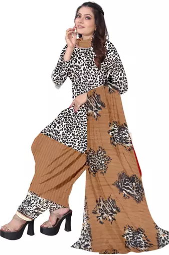 Unstitched printed crepe kurta & patiyala dress material with top, bottom & dupatta