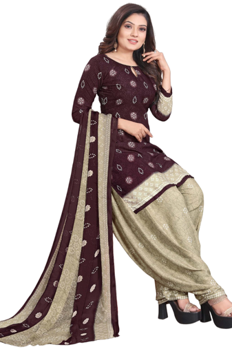 Unstitched printed crepe kurta & patiyala dress material with top, bottom & dupatta