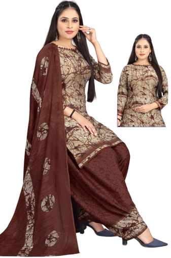 Unstitched printed crepe kurta & patiyala dress material with top, bottom & dupatta