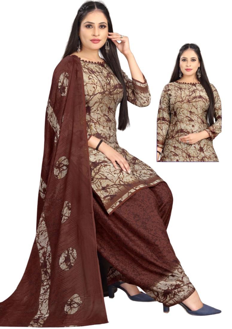 Unstitched printed crepe kurta & patiyala dress material with top, bottom & dupatta