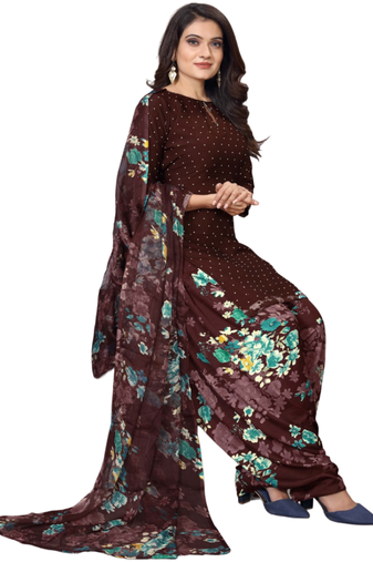 Unstitched printed crepe kurta & patiyala dress material with top, bottom & dupatta