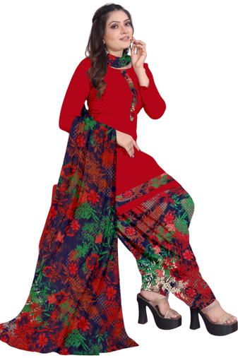 Unstitched printed crepe kurta & patiyala dress material with top, bottom & dupatta