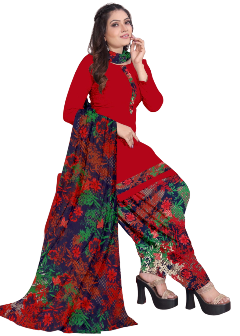 Unstitched printed crepe kurta & patiyala dress material with top, bottom & dupatta