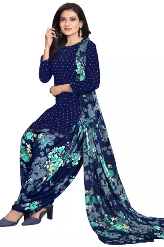 Unstitched printed crepe kurta & patiyala dress material with top, bottom & dupatta