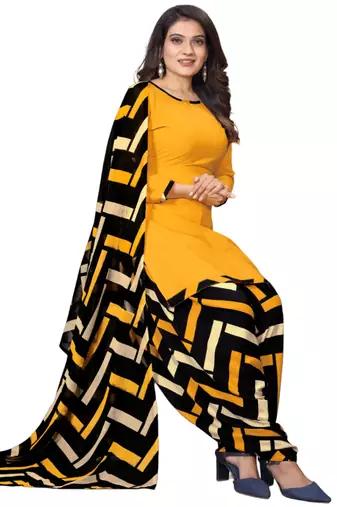 Unstitched printed crepe kurta & patiyala dress material with top, bottom & dupatta