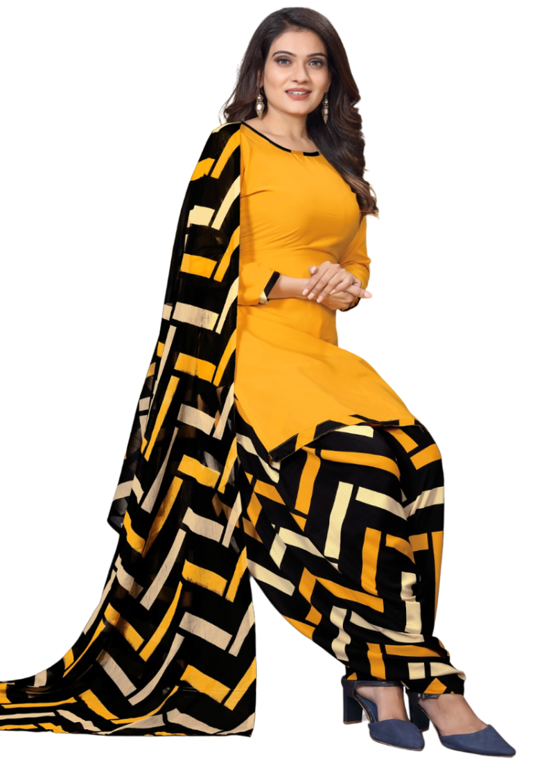 Unstitched printed crepe kurta & patiyala dress material with top, bottom & dupatta