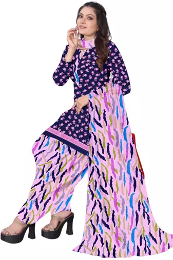 Unstitched printed crepe kurta & patiyala dress material with top, bottom & dupatta