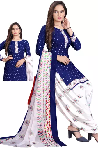 Unstitched printed crepe kurta & patiyala dress material with top, bottom & dupatta