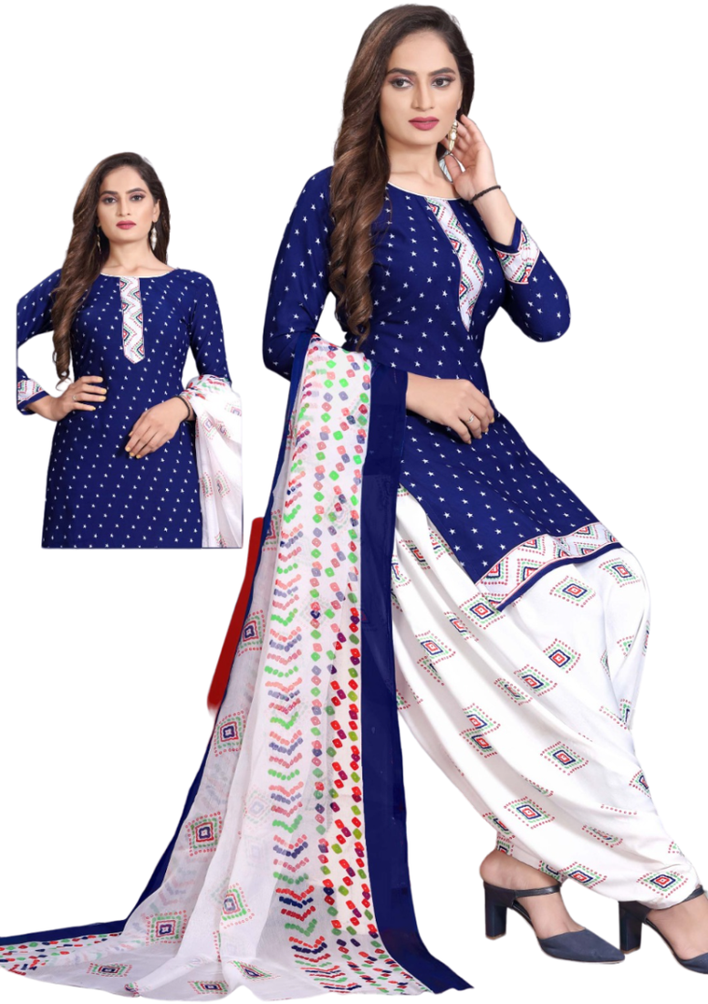 Unstitched printed crepe kurta & patiyala dress material with top, bottom & dupatta