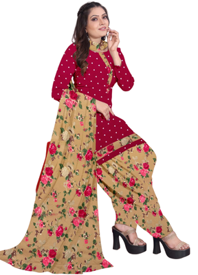 Unstitched printed crepe kurta & patiyala dress material with top, bottom & dupatta 1