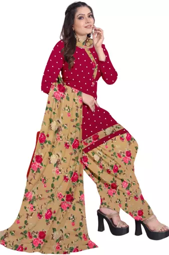 Unstitched printed crepe kurta & patiyala dress material with top, bottom & dupatta