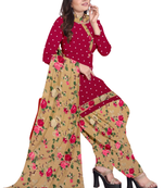 Unstitched printed crepe kurta & patiyala dress material with top, bottom & dupatta