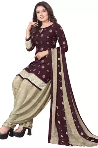 Unstitched printed crepe kurta & patiyala dress material with top, bottom & dupatta