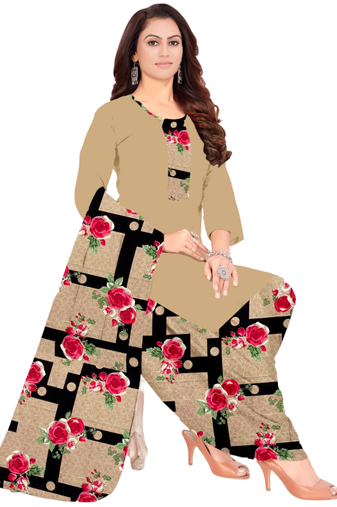 Unstitched printed crepe kurta & patiyala dress material with top, bottom & dupatta