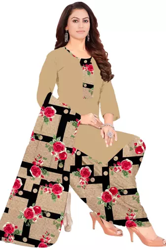 Unstitched printed crepe kurta & patiyala dress material with top, bottom & dupatta