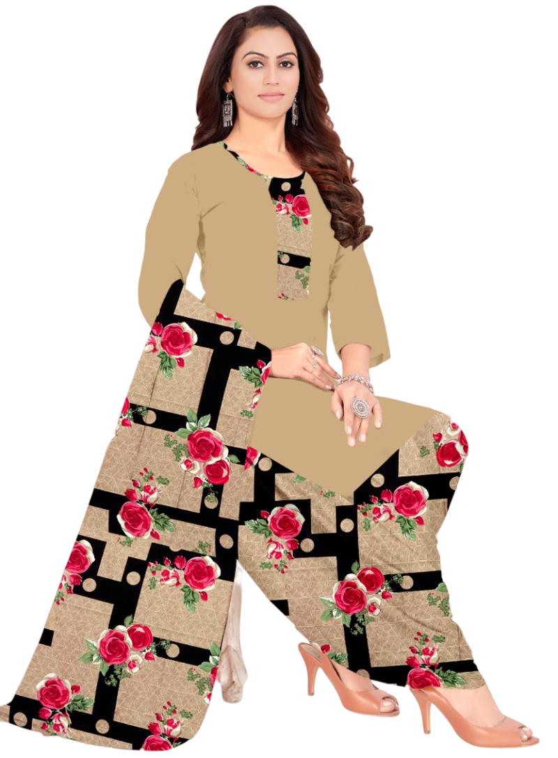Unstitched printed crepe kurta & patiyala dress material with top, bottom & dupatta