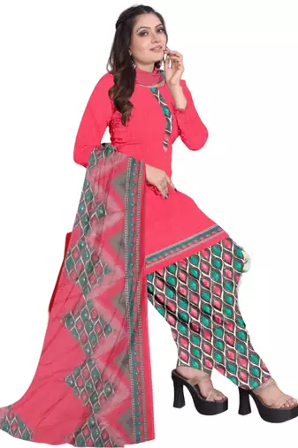 Unstitched printed crepe kurta & patiyala dress material with top, bottom & dupatta