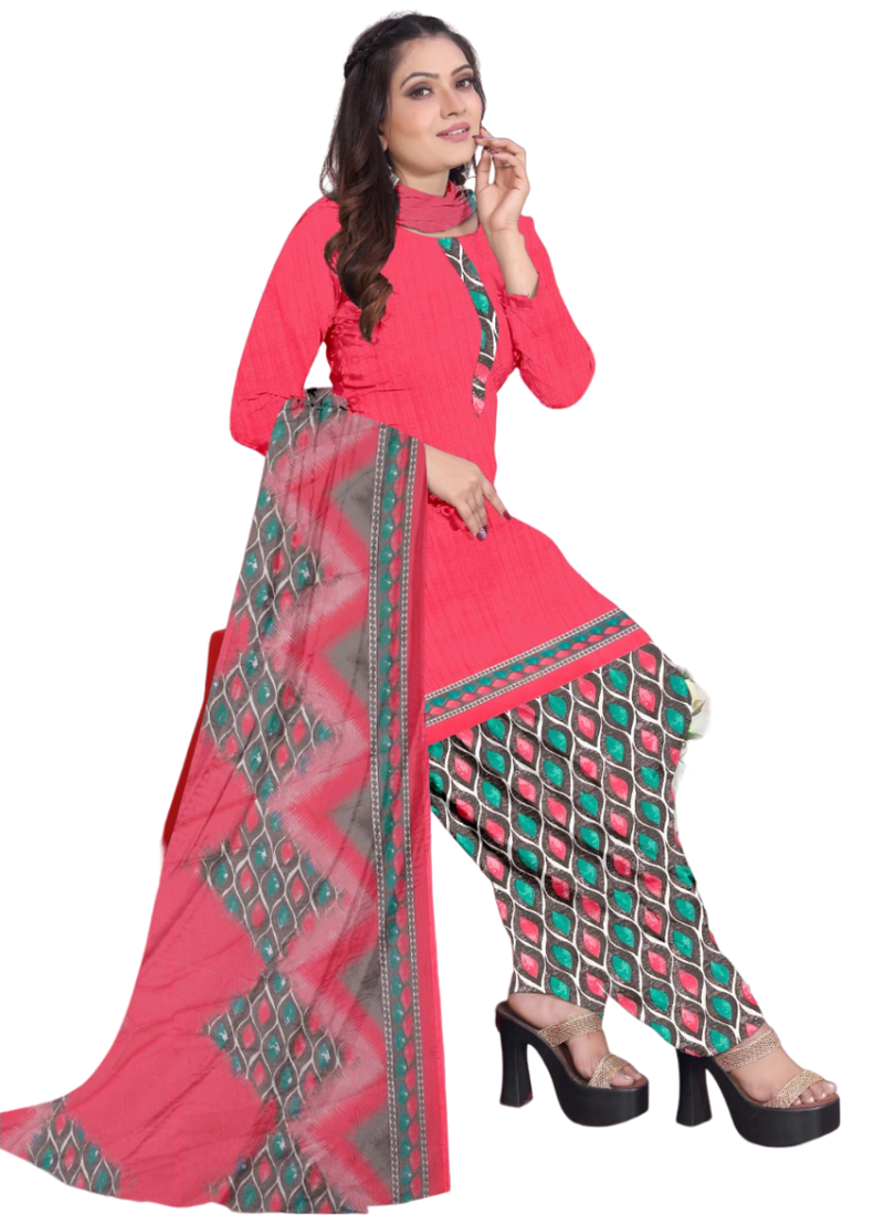 Unstitched printed crepe kurta & patiyala dress material with top, bottom & dupatta