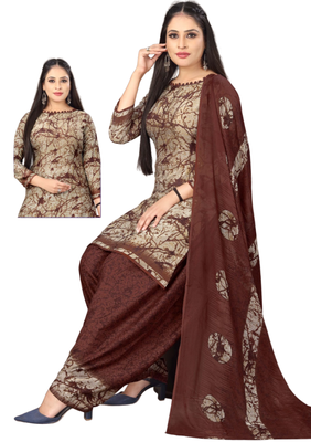 Unstitched printed crepe kurta & patiyala dress material with top, bottom & dupatta 2
