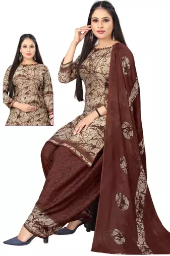 Unstitched printed crepe kurta & patiyala dress material with top, bottom & dupatta