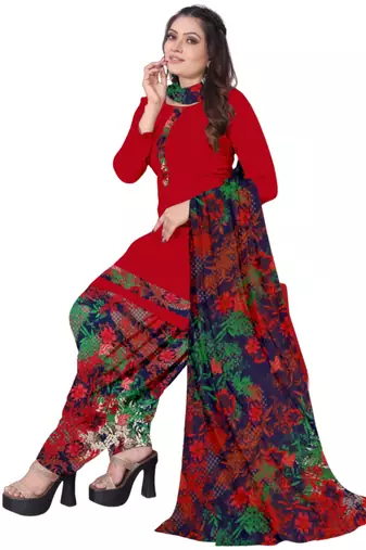 Unstitched printed crepe kurta & patiyala dress material with top, bottom & dupatta