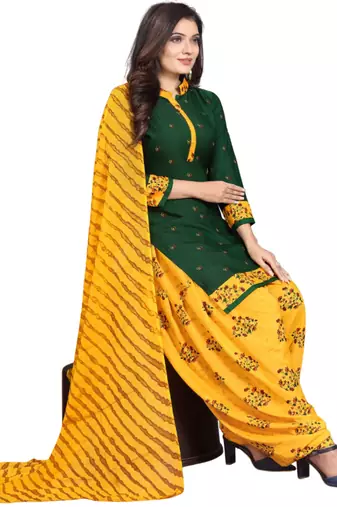 Unstitched printed crepe kurta & patiyala dress material with top, bottom & dupatta