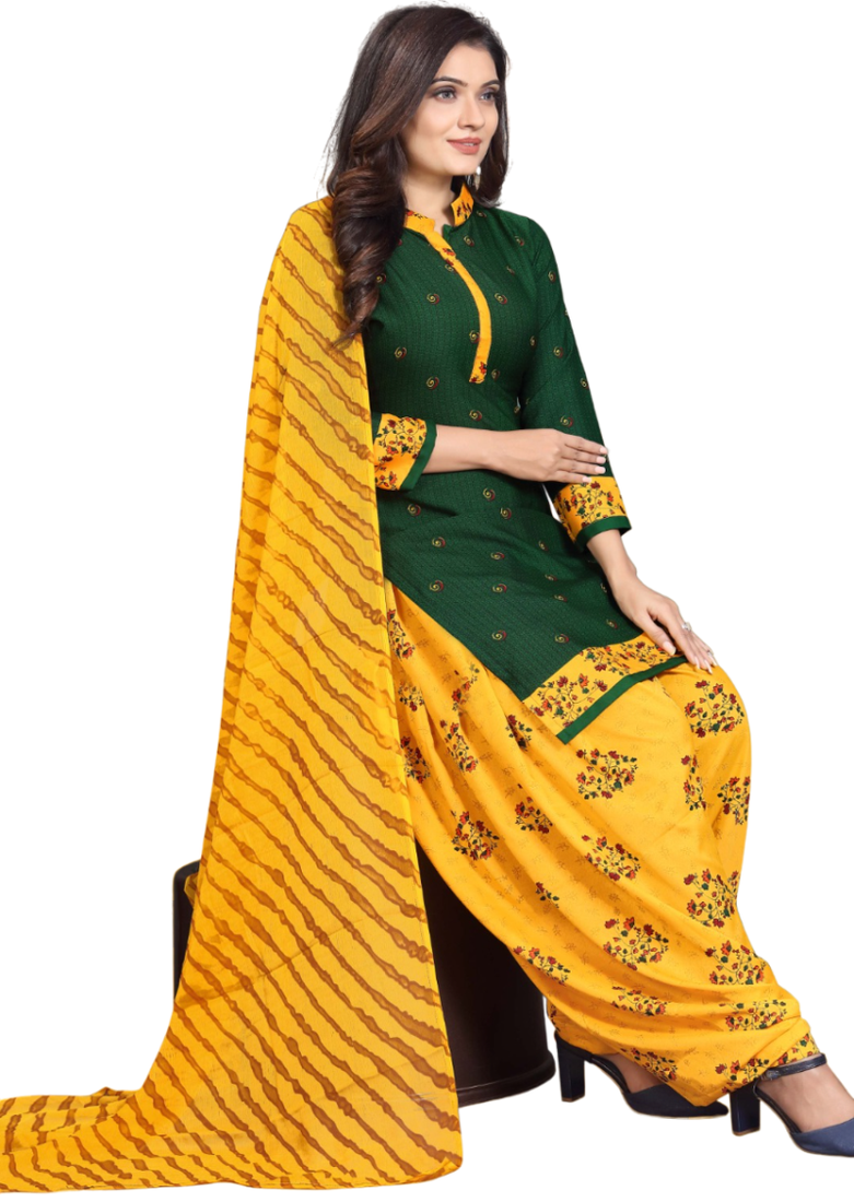 Unstitched printed crepe kurta & patiyala dress material with top, bottom & dupatta