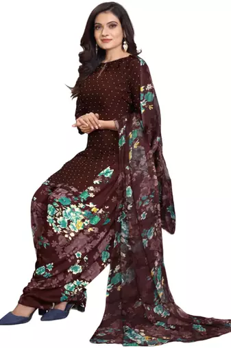 Unstitched printed crepe kurta & patiyala dress material with top, bottom & dupatta