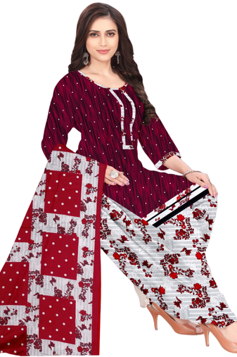 Unstitched printed crepe kurta & patiyala dress material with top, bottom & dupatta