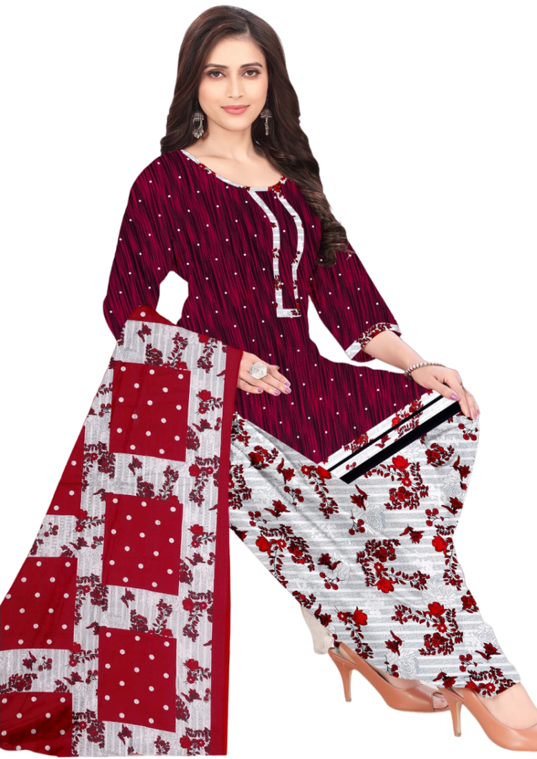 Unstitched printed crepe kurta & patiyala dress material with top, bottom & dupatta