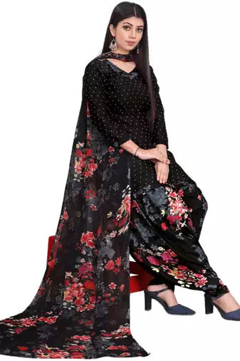 Unstitched printed crepe kurta & patiyala dress material with top, bottom & dupatta
