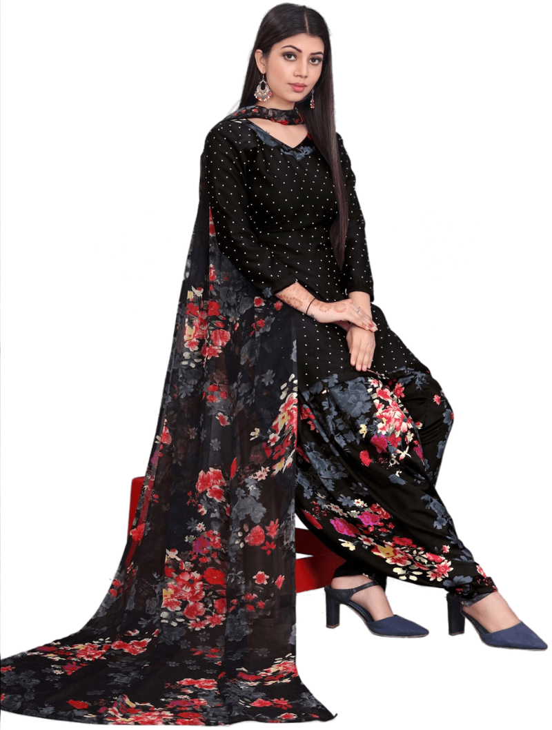 Unstitched printed crepe kurta & patiyala dress material with top, bottom & dupatta