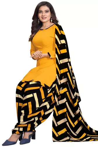 Unstitched printed crepe kurta & patiyala dress material with top, bottom & dupatta