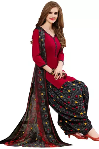 Unstitched printed crepe kurta & patiyala dress material with top, bottom & dupatta