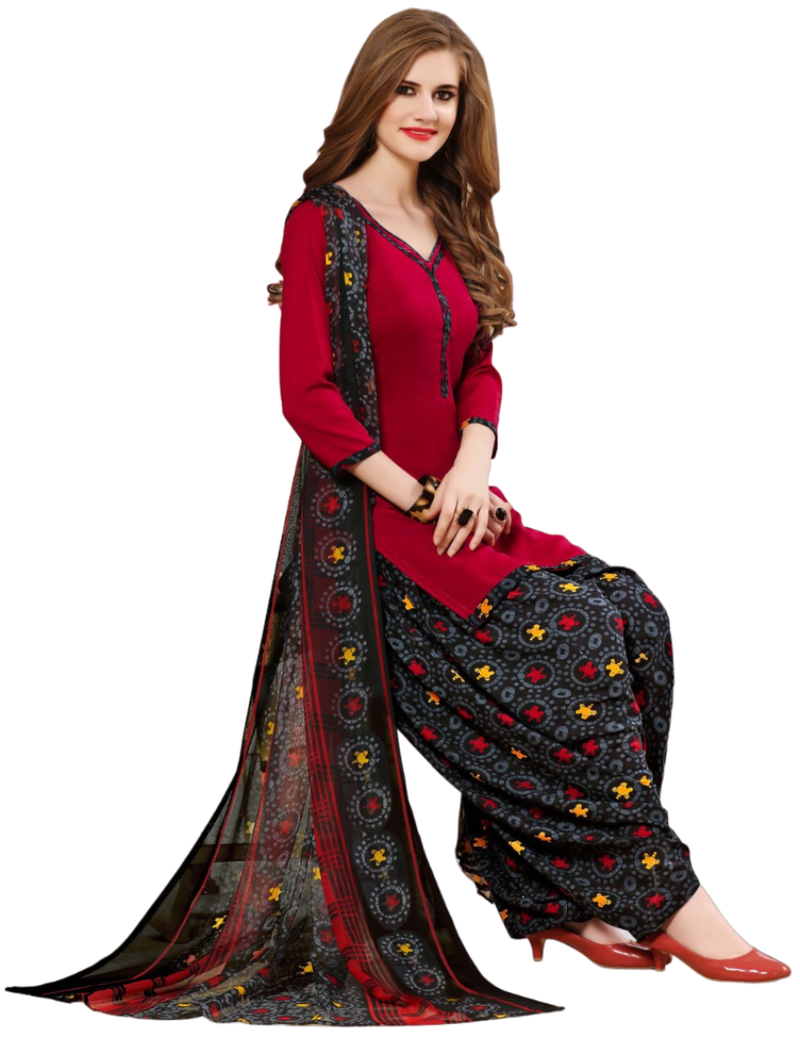 Unstitched printed crepe kurta & patiyala dress material with top, bottom & dupatta
