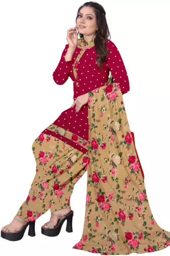 Unstitched printed crepe kurta & patiyala dress material with top, bottom & dupatta