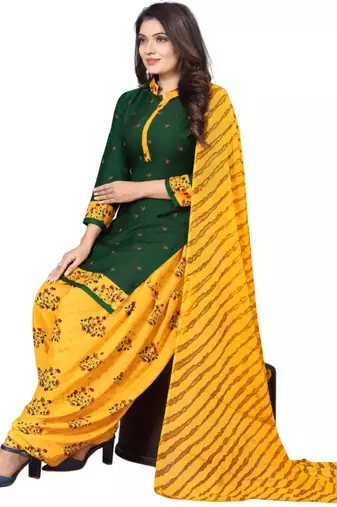 Unstitched printed crepe kurta & patiyala dress material with top, bottom & dupatta