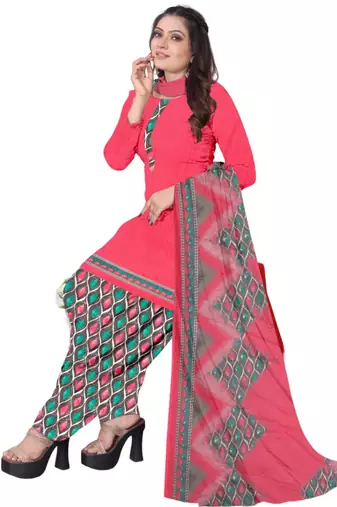 Unstitched printed crepe kurta & patiyala dress material with top, bottom & dupatta