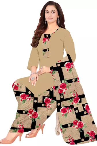 Unstitched printed crepe kurta & patiyala dress material with top, bottom & dupatta